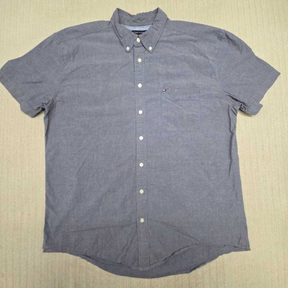 Tommy Hilfiger Shirt Mens 2XL Gray Chambray Short Sleeve Button Up Down Preppy